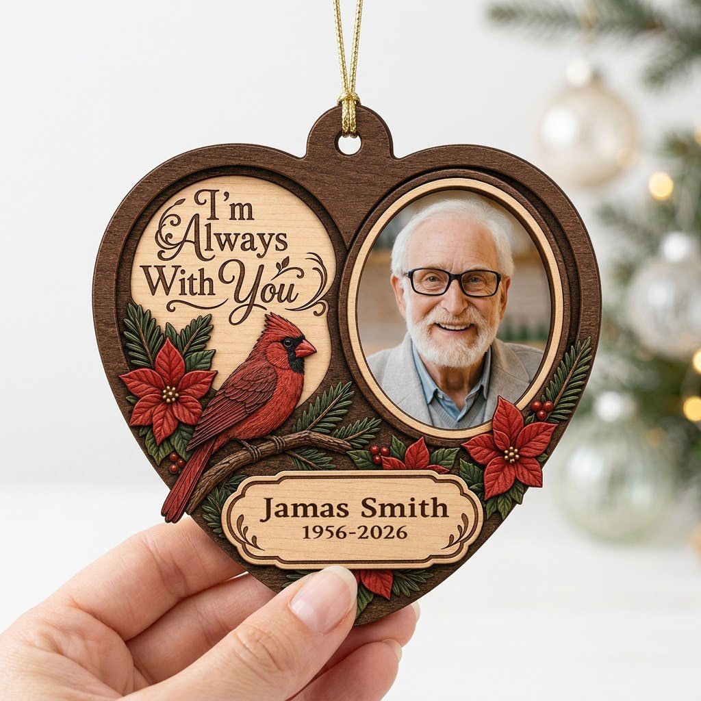 Heart-shaped wood ornament with red cardinal, poinsettias, a right-side photo frame, and 'I'm Always With You' text.
