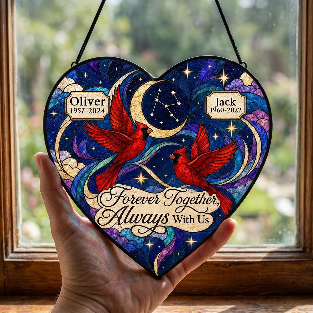 Heart stained glass suncatcher with two red cardinals, crescent moon, stars, clouds, and memorial name banners.