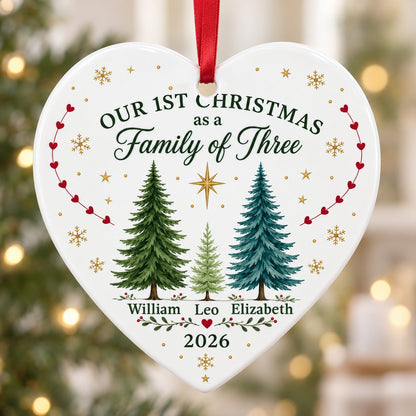 Our 1st Christmas As A Family Of Three Pine Trees - Personalized Heart Ceramic Ornament (Printed On Both Sides)