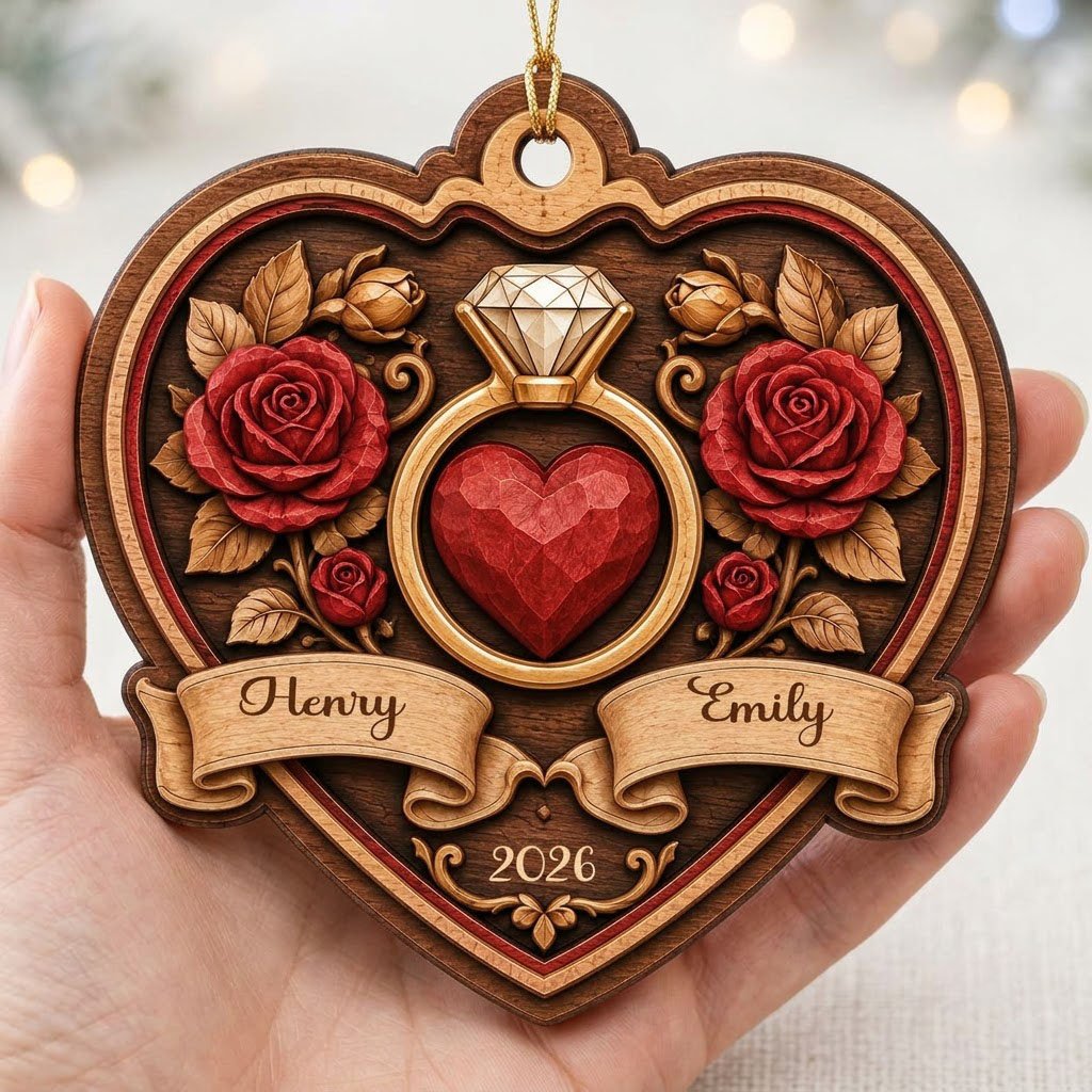 Heart-shaped wood ornament with a gold ring, red heart, red roses, and names Henry and Emily with year 2026.