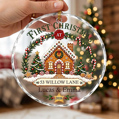 Personalized First Christmas at New Home Gingerbread House Round Glass Ornament