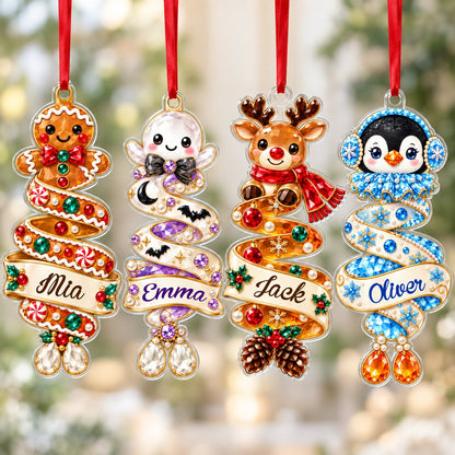 Custom-cut acrylic ornament with a gingerbread man or penguin on spiraling ribbons with a scroll name banner