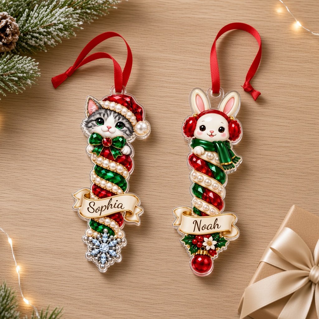 Acrylic ornament with cat, dog, owl, bunny or fox atop spiral columns and a cream-gold scroll banner for a name.
