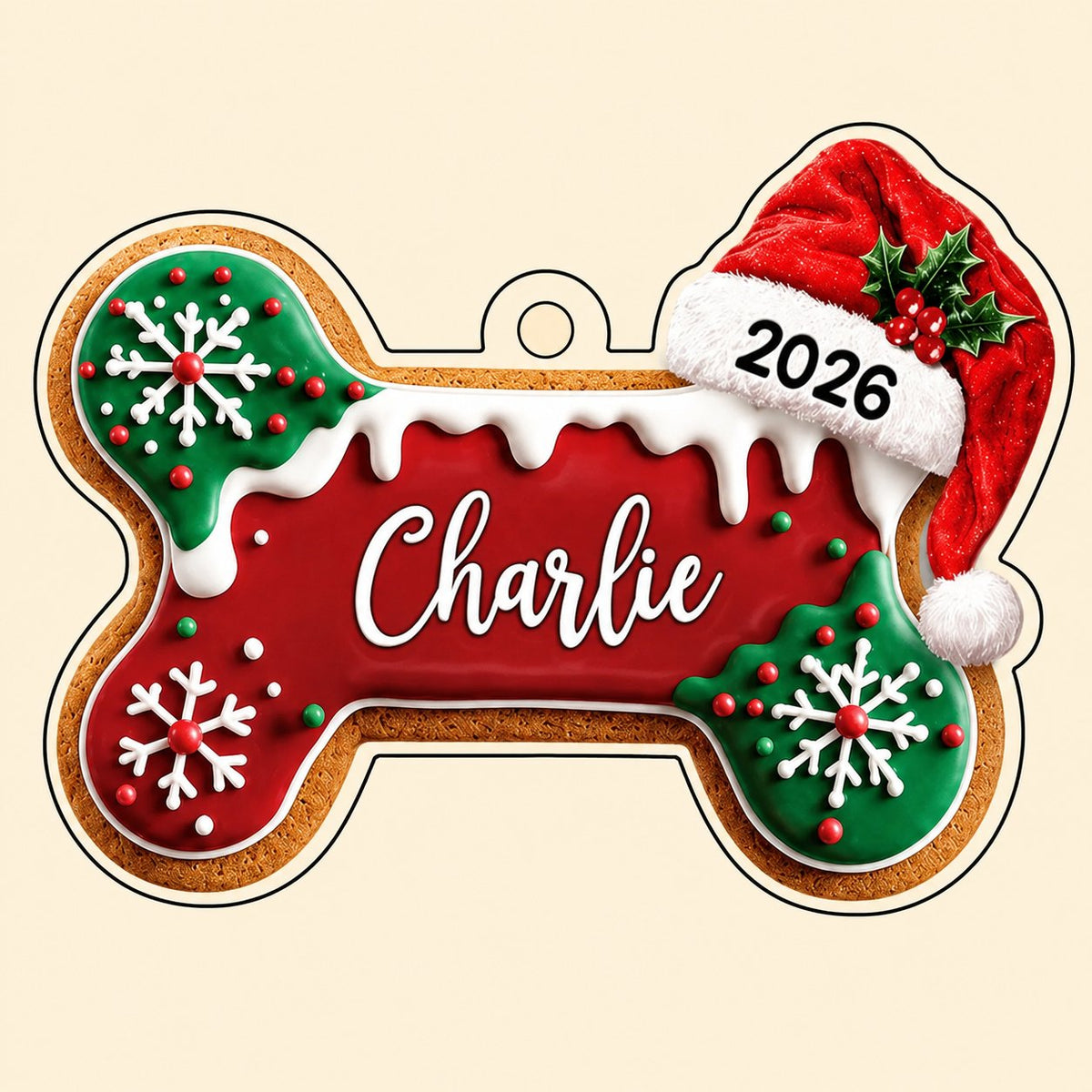 Acrylic ornament shaped like a gingerbread dog bone with Santa hat, white icing, snowflakes, and red-green sprinkles.