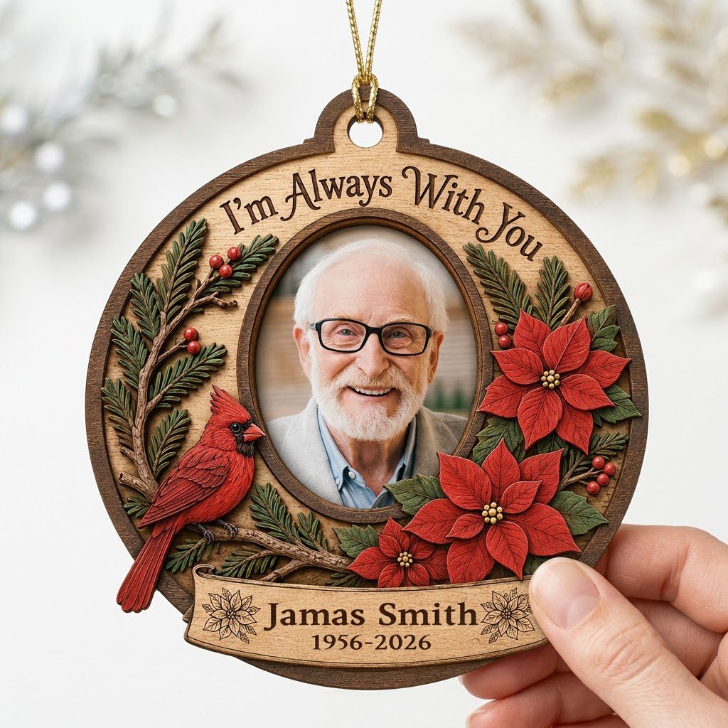 Bauble-shaped wood ornament with oval photo frame, red cardinal, pine, berries, and poinsettias with ribbon banner