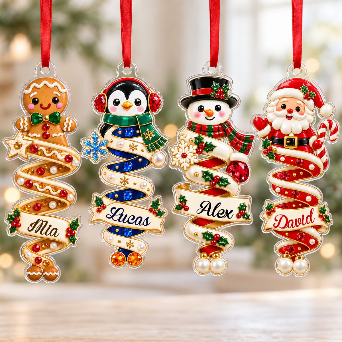 Custom-cut acrylic ornaments with gingerbread and Santa, spiral ribbons, and a holly-framed name banner.
