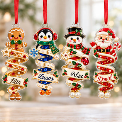 Custom-cut acrylic ornaments with gingerbread and Santa, spiral ribbons, and a holly-framed name banner.