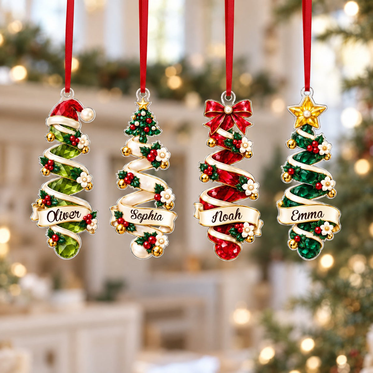 Acrylic ornament shaped around two green gem-style Christmas trees with holly, berries and names Oliver and Emma.