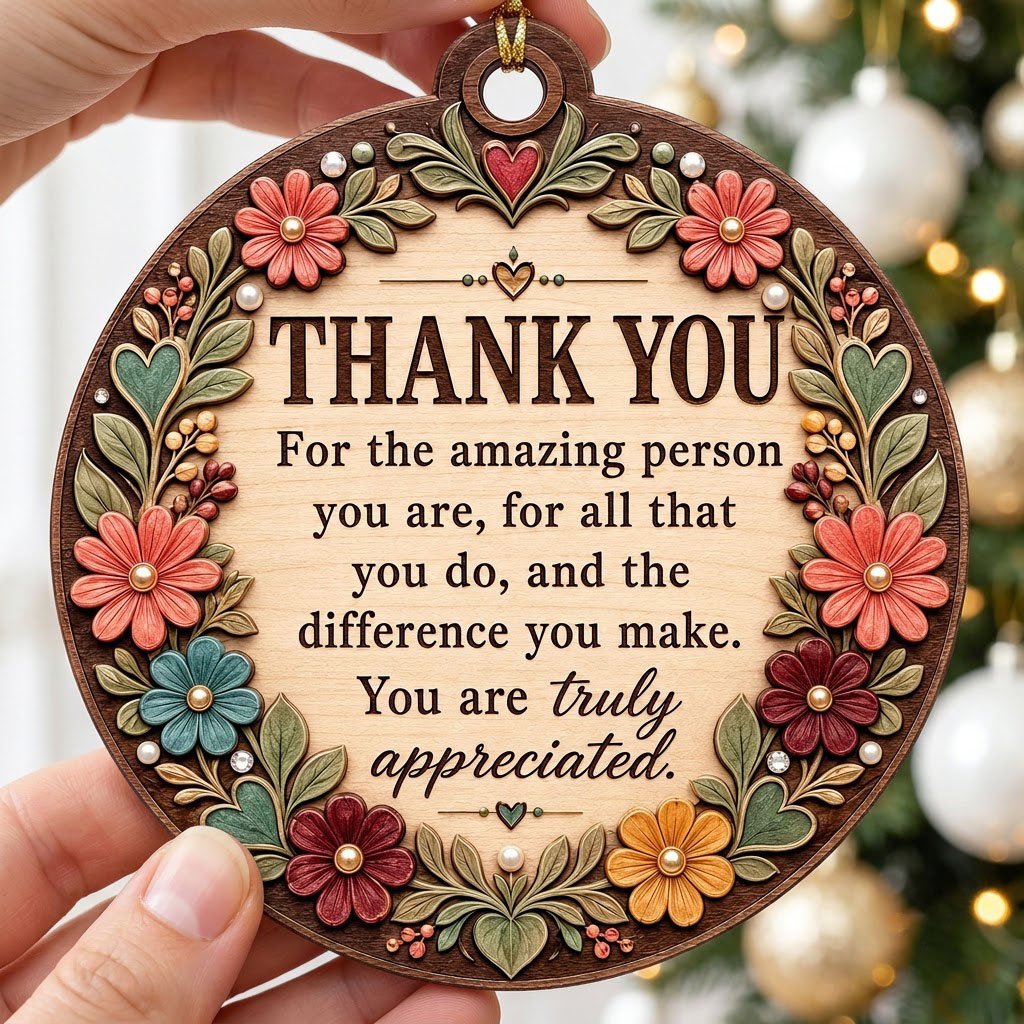 Round wood ornament with carved-look floral border and THANK YOU appreciation message in the center.