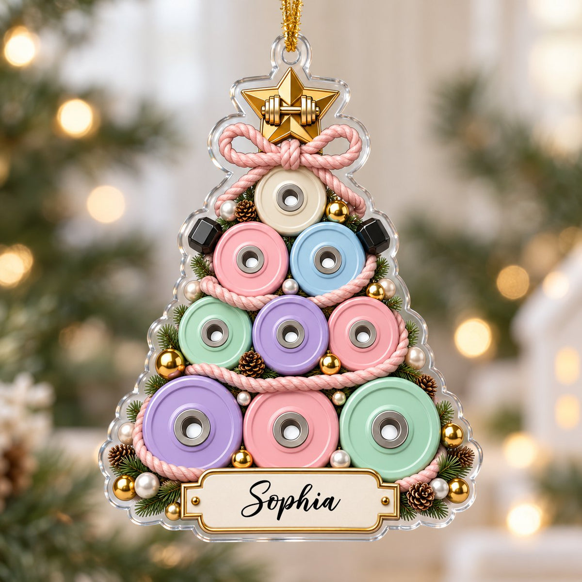 Acrylic Christmas tree ornament of stacked pastel weight plates with a gold star dumbbell and a cream name banner.
