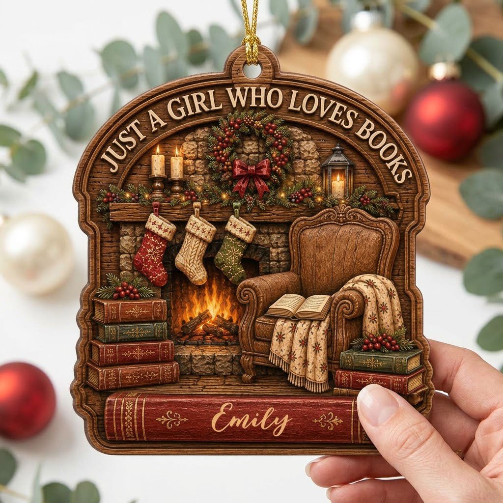 Wood ornament with fireplace, wreath, stockings, armchair and books, plus 'Just a Girl Who Loves Books' and a name.