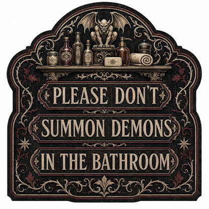 Ornate arched wooden sign with a gargoyle shelf and the message Please Don't Summon Demons in the Bathroom.