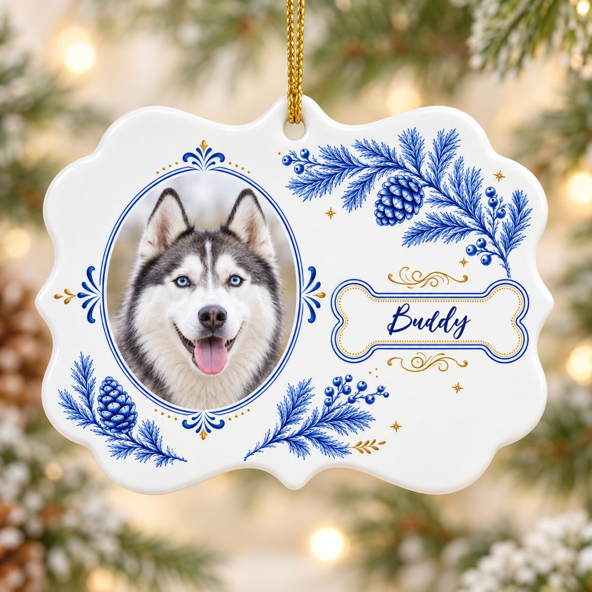 Medallion ceramic ornament with blue and gold filigree, bone name banner, and a custom husky dog photo on white.