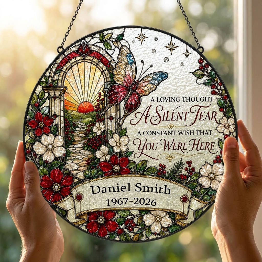 Personalized Butterfly Sunrise Pathway A Silent Tear Memorial Stained Glass Round Suncatcher
