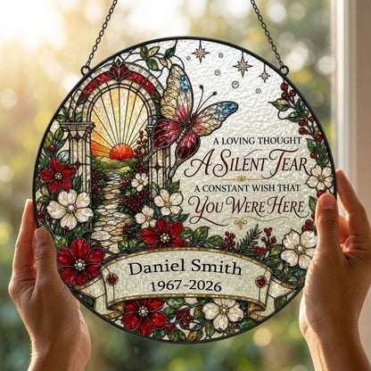 Personalized Butterfly Sunrise Pathway A Silent Tear Memorial Stained Glass Round Suncatcher