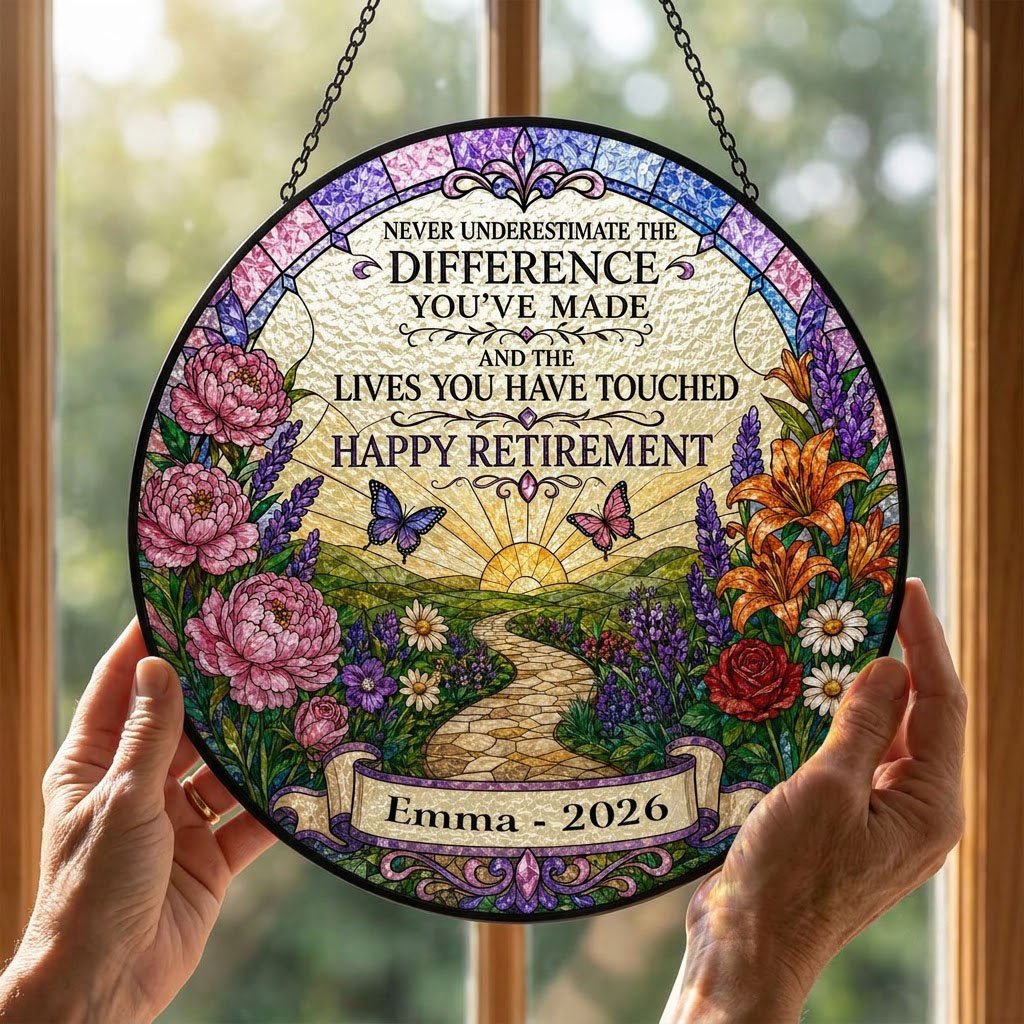 Personalized Retirement Sunrise Pathway Never Underestimate The Difference Stained Glass Round Suncatcher