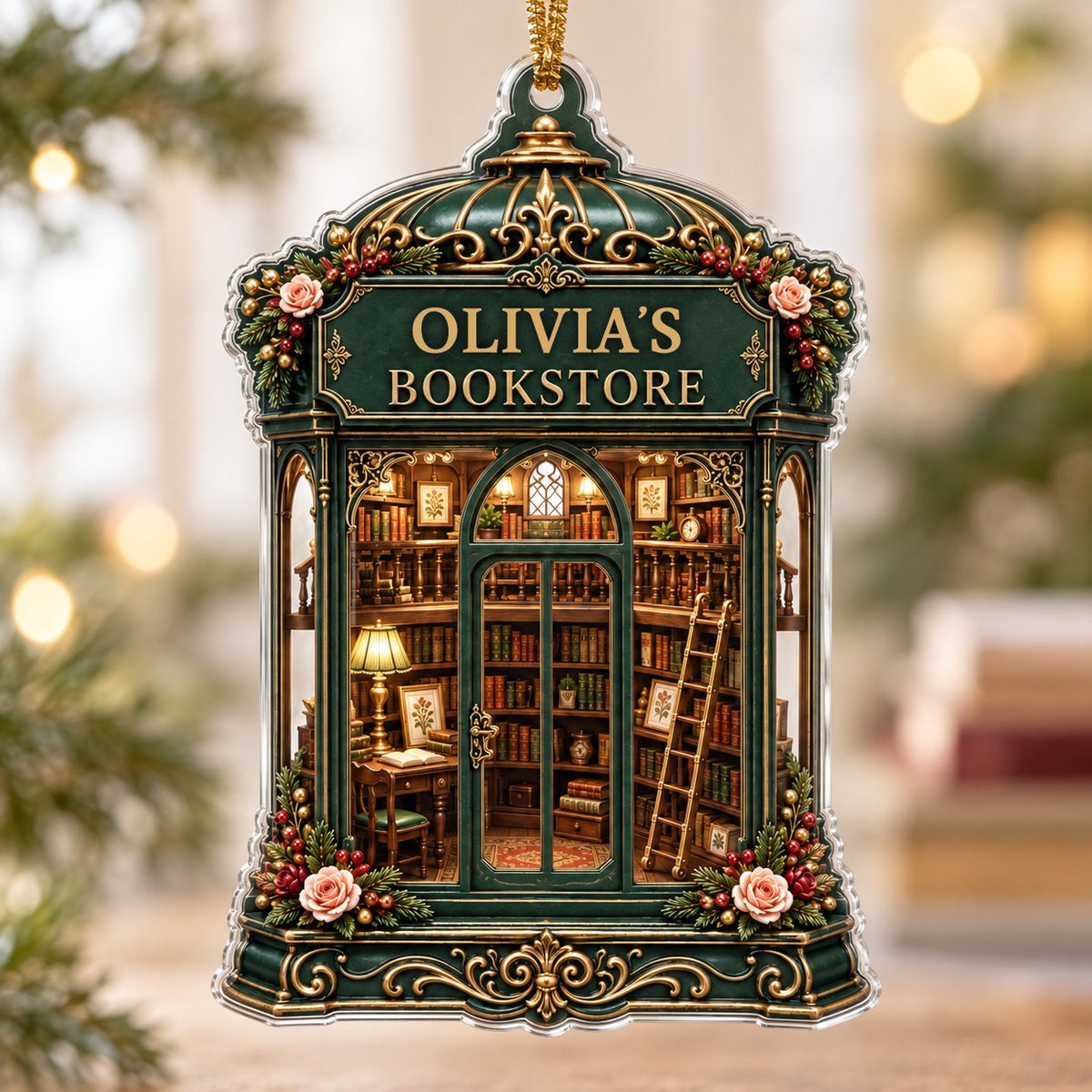 Green and gold ornate acrylic ornament with roses and a cozy bookstore interior reading OLIVIA'S BOOKSTORE.