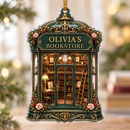 Green and gold ornate acrylic ornament with roses and a cozy bookstore interior reading OLIVIA'S BOOKSTORE.