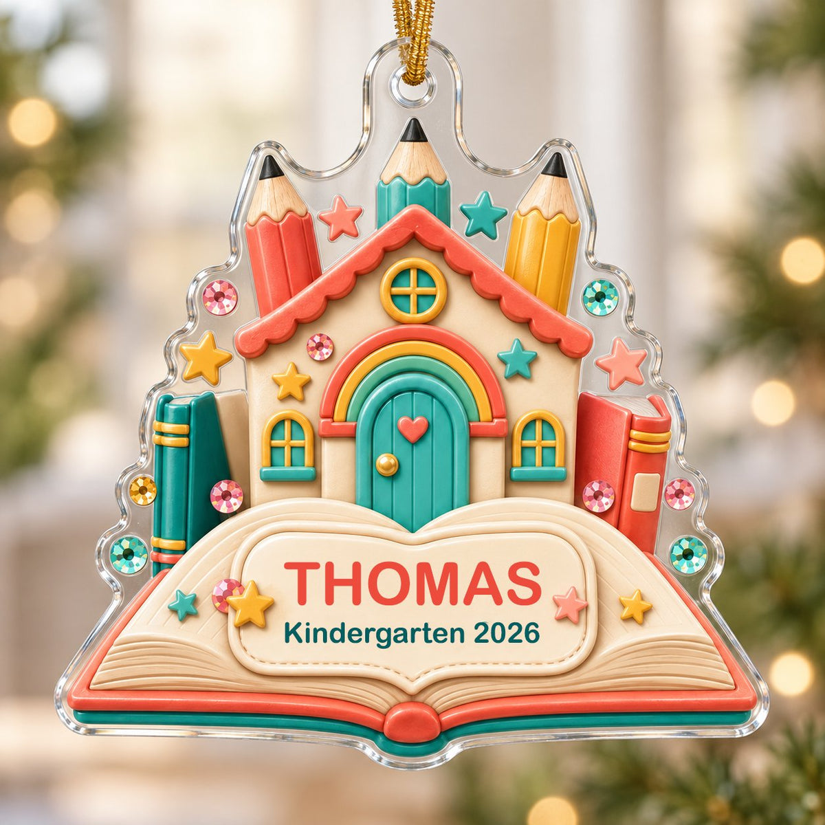 Clay-style schoolhouse on an open book with pencils and stars, personalized with child's name and Kindergarten 2026