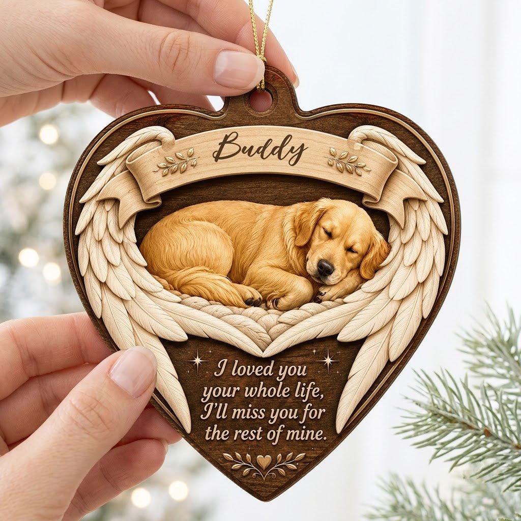 Heart-shaped wood ornament with a sleeping golden retriever, angel wings, ribbon banner, stars, and a memorial quote.