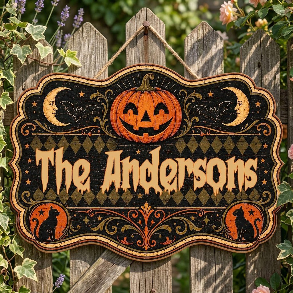 Ornate scalloped wooden sign with jack-o'-lantern, moons, bats, black cats and family name in Halloween style.