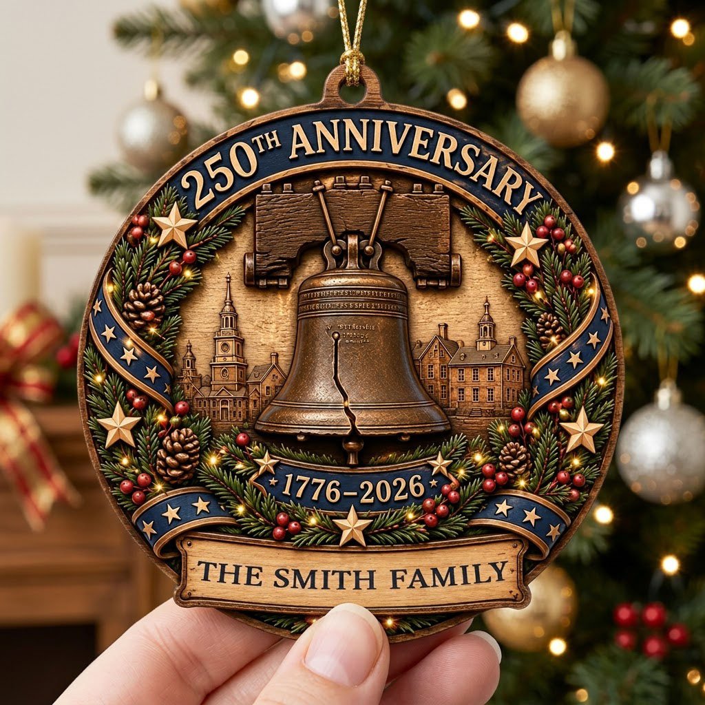 Round wood ornament with Liberty Bell, Independence Hall, pine wreath, gold stars, and a name banner.