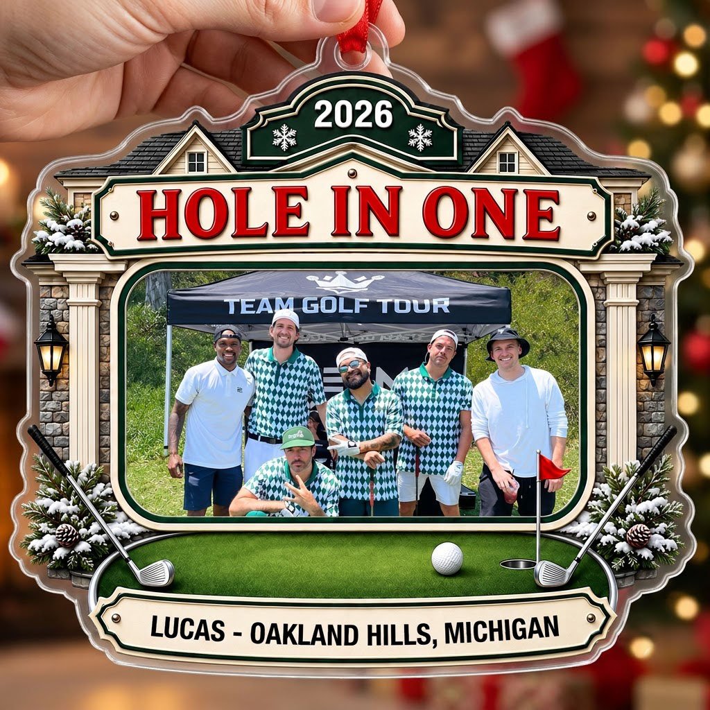 Clubhouse-shaped acrylic ornament with golf photo frame, lanterns, crossed clubs, red flag and a personalized name plaqu