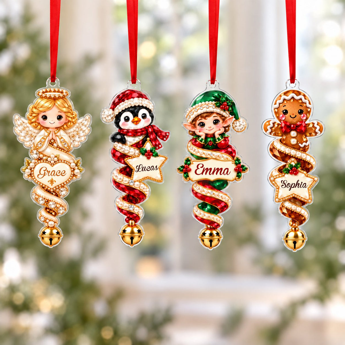 Acrylic angel and gingerbread ornaments with jeweled ribbons, heart or star name banners, and gold bells.