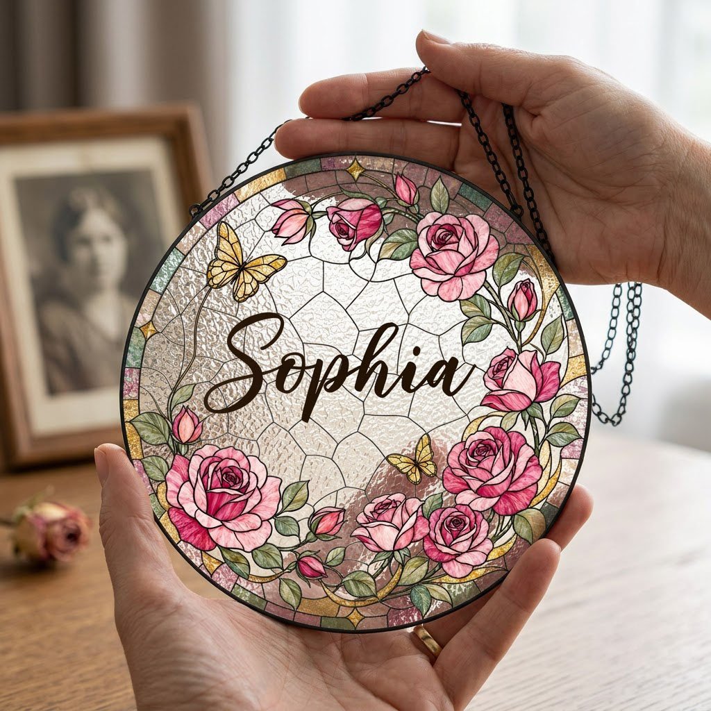 Round stained-glass style suncatcher with pink roses, two yellow butterflies, green leaves, and a decorative patterned b
