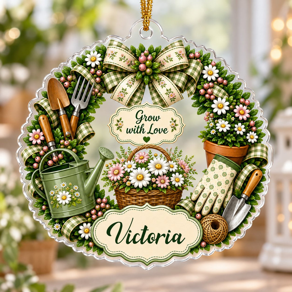 Scalloped acrylic ornament with a floral gardening wreath, tools, and "Grow with Love" plus a personalized name.