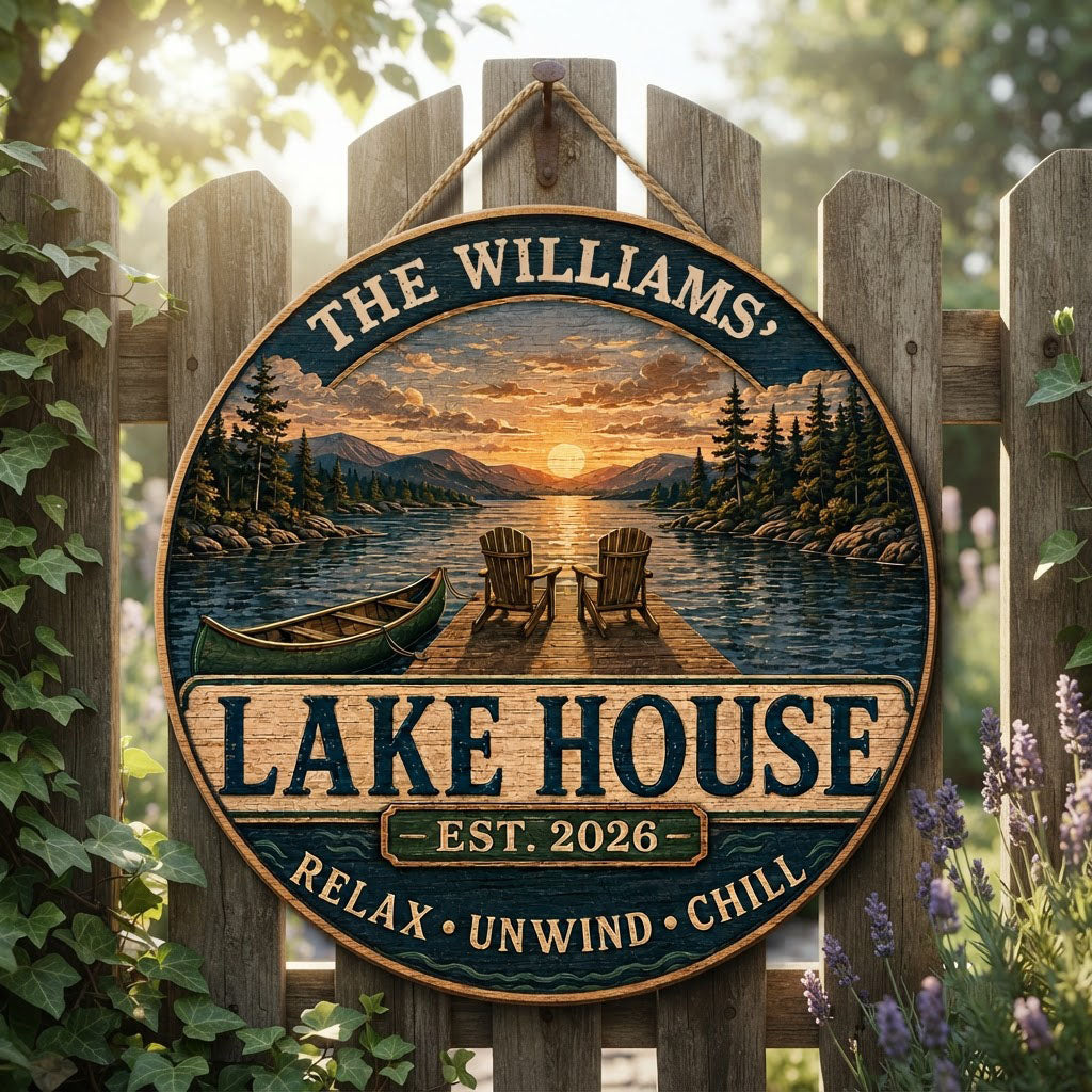 Round wooden sign with lake sunset, two Adirondack chairs on a dock, green canoe, and navy border with wave motifs.