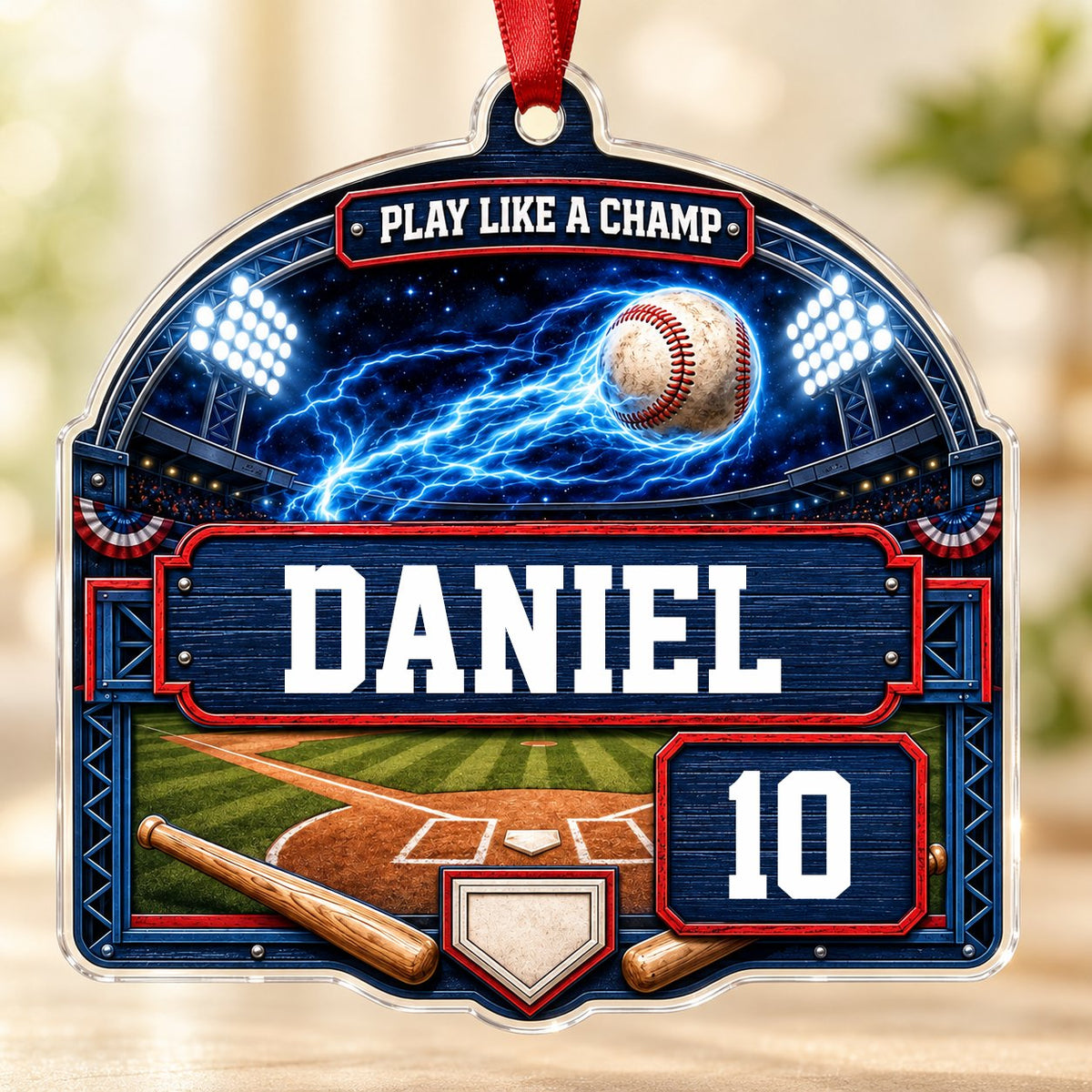 Arch acrylic ornament with flaming baseball in a night stadium, blue plaque, bats, home plate, name and number.
