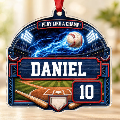 Arch acrylic ornament with flaming baseball in a night stadium, blue plaque, bats, home plate, name and number.
