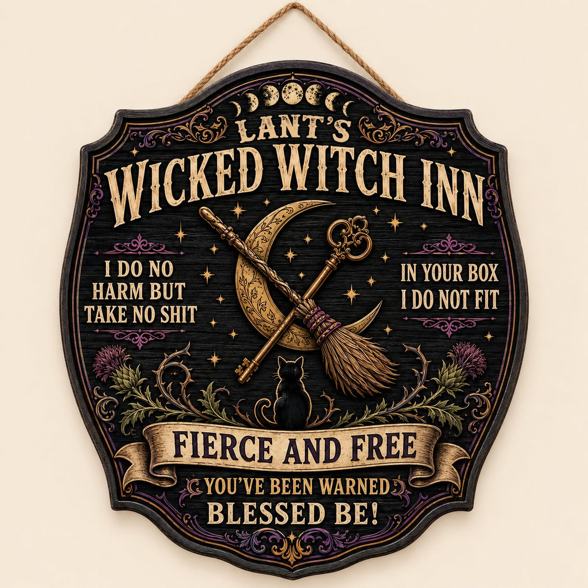 Ornate wooden plaque with moon phases, crescent moon, broomstick, key, black cat, thistles and witchy quotes.