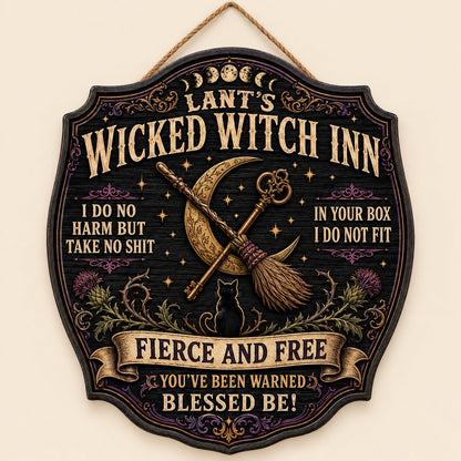 Ornate wooden plaque with moon phases, crescent moon, broomstick, key, black cat, thistles and witchy quotes.