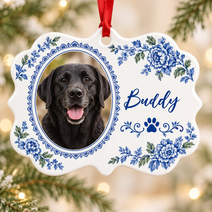 Scalloped medallion ornament with blue-green Delft floral border, dog photo left, blue paw print and name Buddy