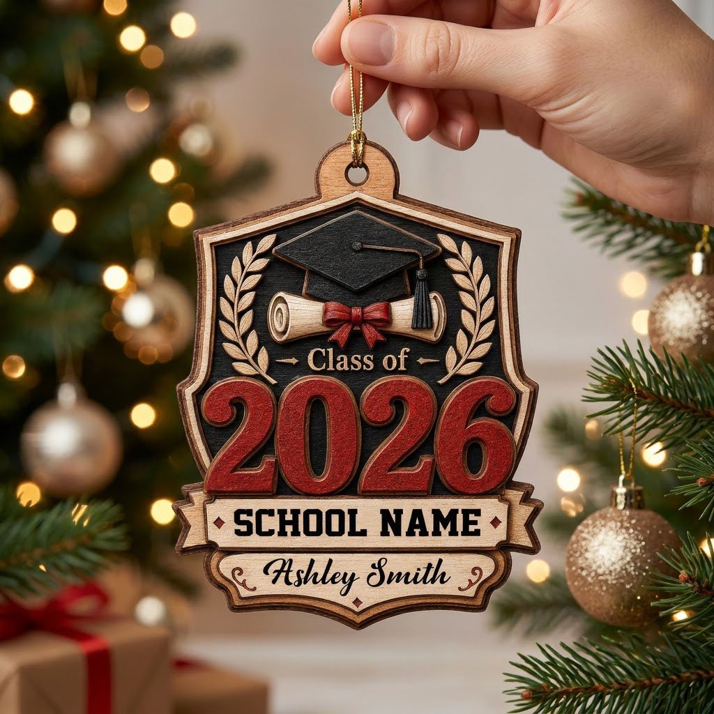 Shield-shaped wood ornament with Class of 2026, cap, diploma, laurel branches, and a personalized name and school