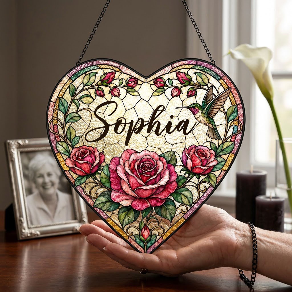 Heart stained-glass suncatcher with pink and red roses, a right-side hummingbird, and a multi-colored border.
