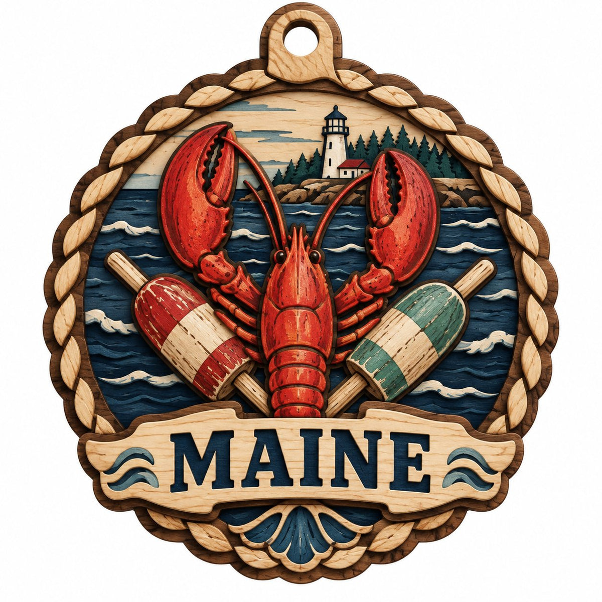 Red lobster with red-white and green-white buoys, ocean waves, rocky shore, pine trees, and a white lighthouse inside a 