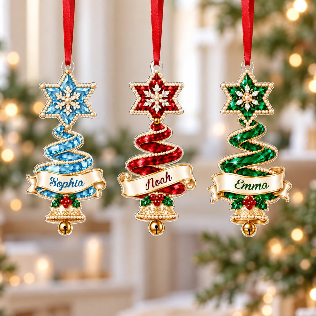 Custom-cut acrylic ornament of a jeweled ribbon Christmas tree with star topper, holly sprig, name banner, and a gold be