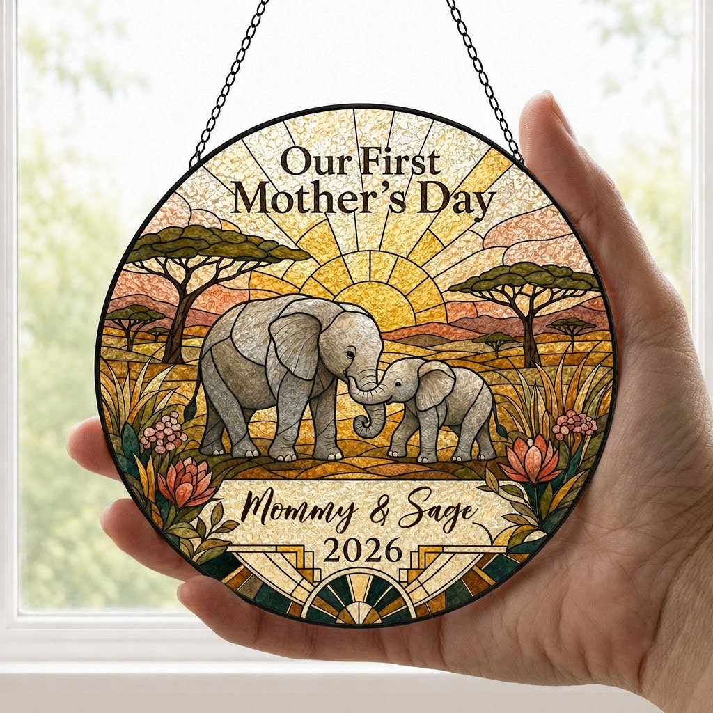 Stained glass-style mother and baby elephants at sunrise with 'Our First Mother's Day' text.