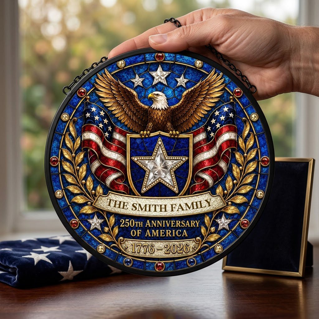 Round stained glass-style suncatcher with a bald eagle, blue star shield, American flags, laurel and a jeweled border.