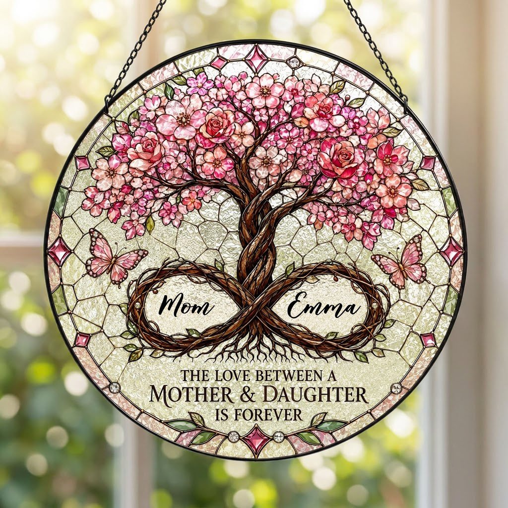 Round suncatcher with tree of life, pink blossoms, and 'THE LOVE BETWEEN A MOTHER & DAUGHTER IS FOREVER'