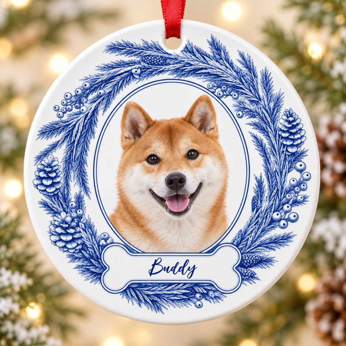 Round ceramic ornament with blue pine wreath, oval dog photo frame, and a blue-outlined bone at the bottom.