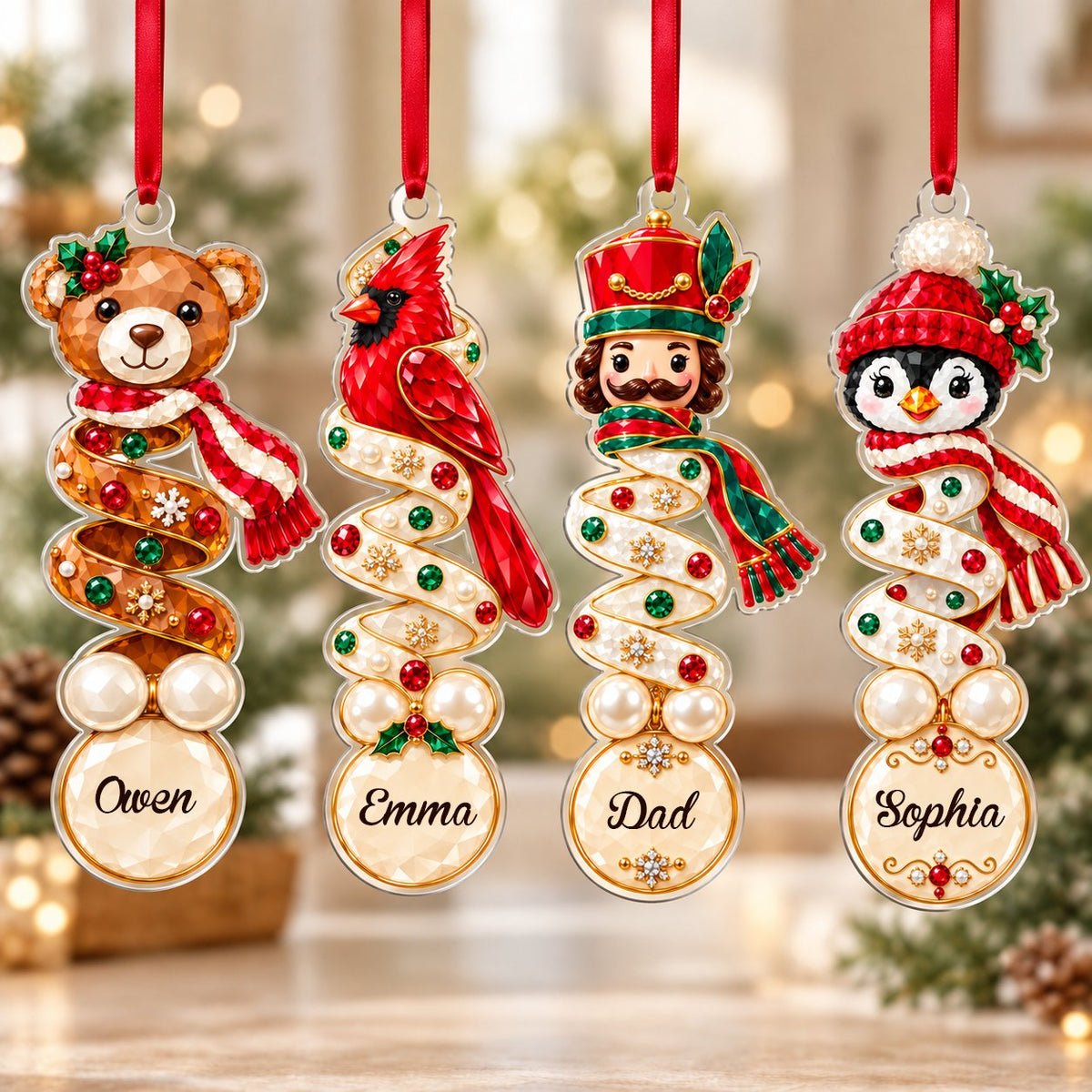 Clear acrylic ornament with a teddy bear or penguin in gem-detailed spiral style, personalized with names.