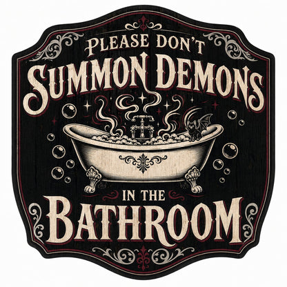 Ornate plaque with tub, bat-winged black cat, bubbles, stars, and 'Please Don't Summon Demons in the Bathroom'.