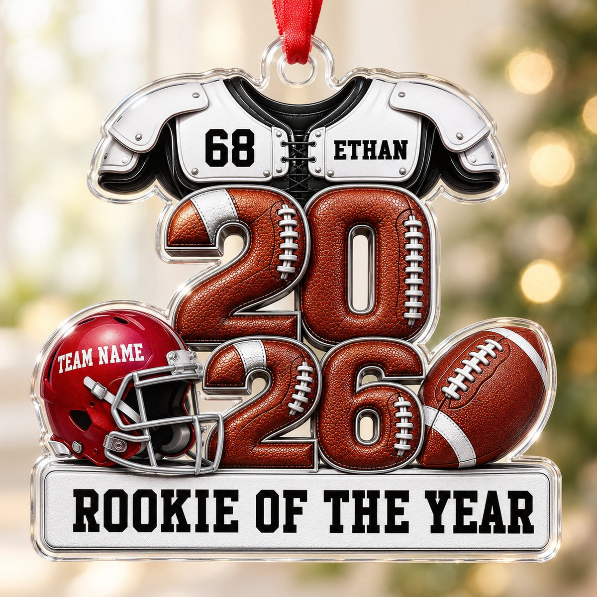 Acrylic ornament shaped like football gear with 2026 numbers, red helmet, ball and 'Rookie of the Year' nameplate.