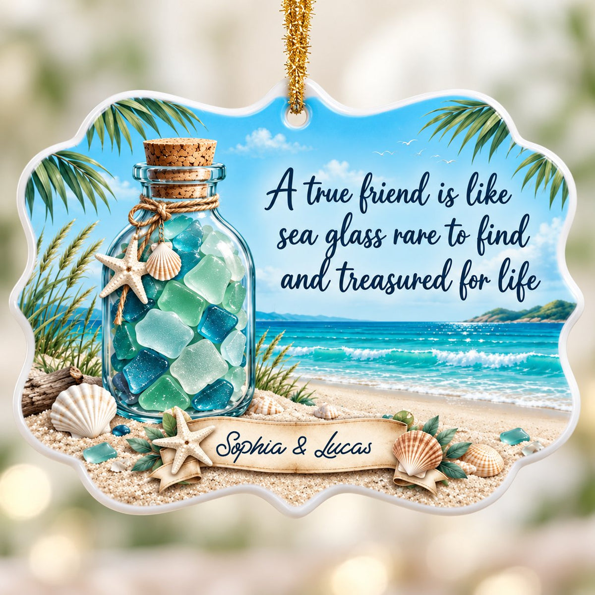 Ornate medallion ceramic ornament with sea glass jar, beach scene, palm branches and a friendship quote for two names.