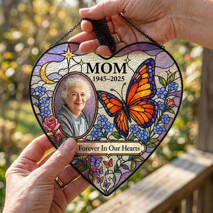 Heart suncatcher with photo oval, Forever In Our Hearts text, butterfly, moon, roses and forget-me-nots.