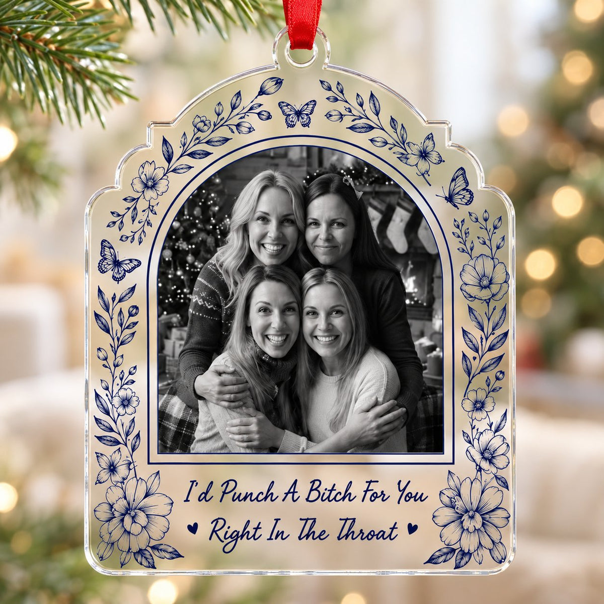 Clear acrylic arch ornament with navy floral border, butterflies, bold quote and a black-and-white friends photo.